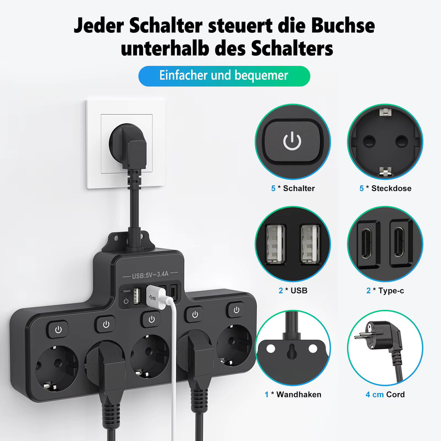 HITRENDS Steckdosenleiste in Schwarz mit individuellem Schalter, 2 USB-A und 2 USB-C Anschlüssen, 16 A, B/T/H: 23,0 x 12,5 cm - Bild 2