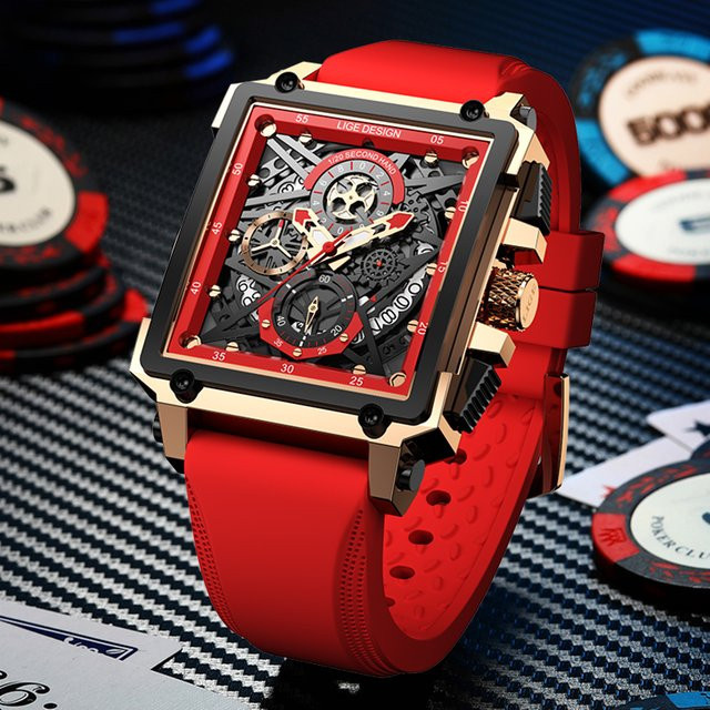 LIGE Chronograph, Quarz, Edelstahl, Silikon, Eckig, Weiß, Herren - Bild 1