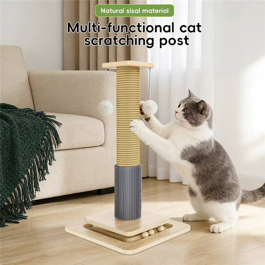 HGTUGO Katzenspielzeug aus Massivholz mit interaktiven Hängebällen und Sisal-Kratzboard in Braun und Beige - Bild 2