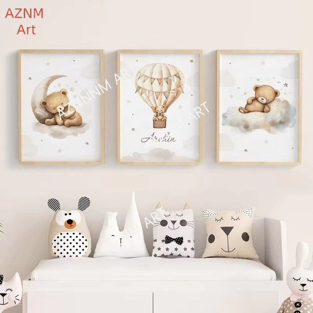AZNM Wandbild Set für das Kinderzimmer mit Bär, Heißluftballon, Flugzeug, Mond und Wolken im Nordic-Stil, Mehrfarbig - Bild 1
