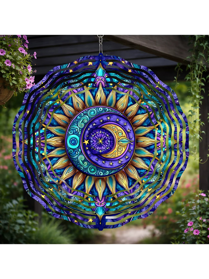 CIFBUY Boho Mandala Windspiel aus Metall mit Sonne und Mond in Blau Lila Gold - Bild 4