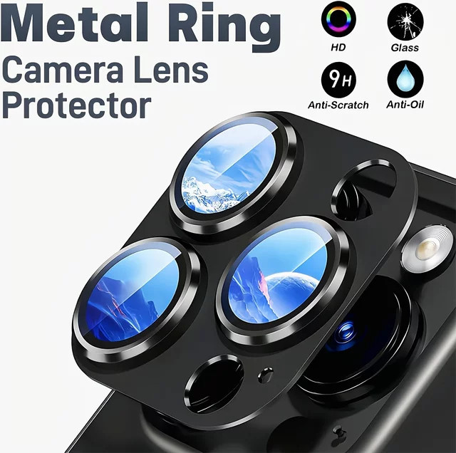 Metallring Kameraobjektiv-Displayschutz aus gehärtetem Glas in Schwarz, kompatibel mit iPhone 16, 15 und 14 - Bild 1