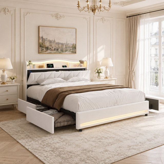 HYNHXBP Gepolstertes Stauraumbettgestell mit Schubladen und Kopfteil-Stauraum, B/T: 140 x 200 cm, Massivholz-Lattenrost, Beige oder Weiß - Bild 1