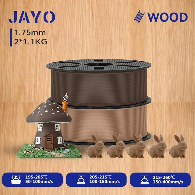 JAYO Holz-PLA 3D-Filament mit Holzstruktur in Braun, 1,75 mm, 2,2 kg (2 x 1,1 kg Rollen) mit 10-15% Holzfasern für FDM-3D-Drucker - Bild 1