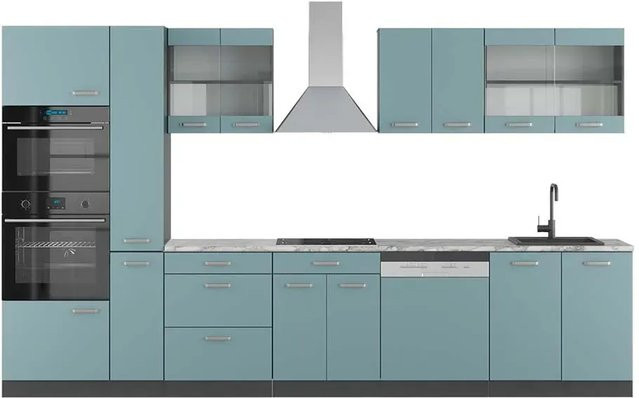 Vicco R-Line Küchenzeile Blau-Grau/Anthrazit mit Hochschrank und Marmor-Arbeitsplatte, Breite: 350 cm - Bild 1