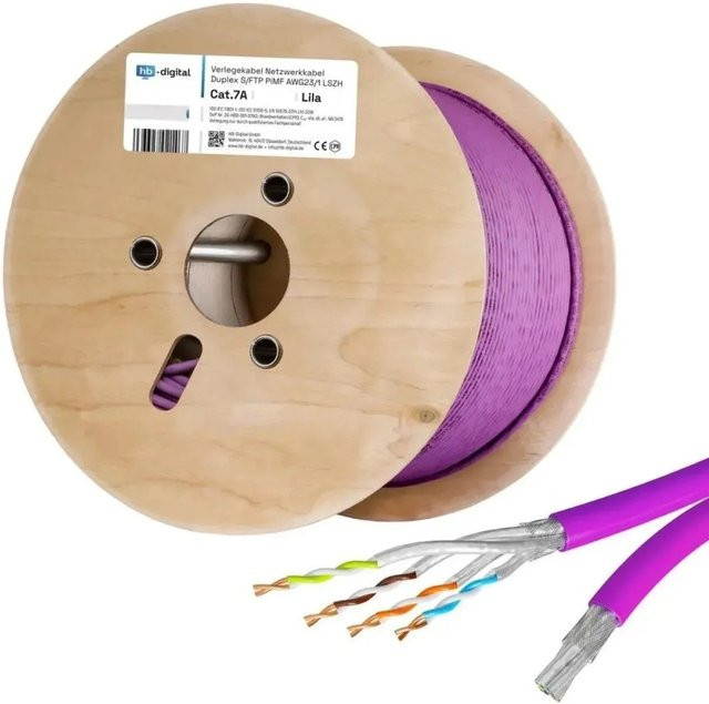 hb-digital CAT 7a Verlegekabel Duplex Installationskabel S/FTP AWG23 LSZH 500m Lila - Bild 1