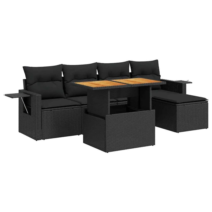 vidaXL 6-teilige Garten-Sofagarnitur aus Poly-Rattan und Akazienholz in Schwarz mit Kissen - Bild 2