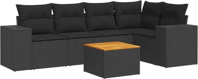 vidaXL 6-tlg Garten-Sofagarnitur in L-Form aus Polyrattan und Akazienholz mit Kissen, Schwarz - Bild 1