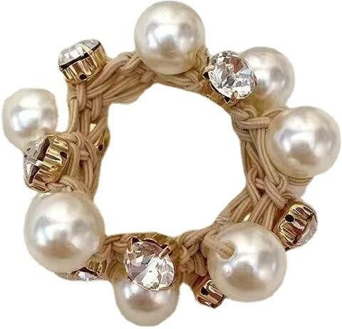 Haargummi mit Imitation Perlen und Strass-Verzierung, beige, Damen - Bild 1
