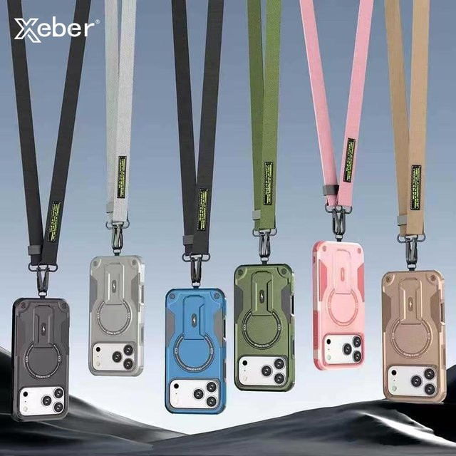 Xeber Crossbody-Magnethalter-Hülle für iPhone 17, 16, 15, 14, 13, 12 Pro Max Plus in Grau mit Anti-Fall-Schutz und Hartschale - Bild 1