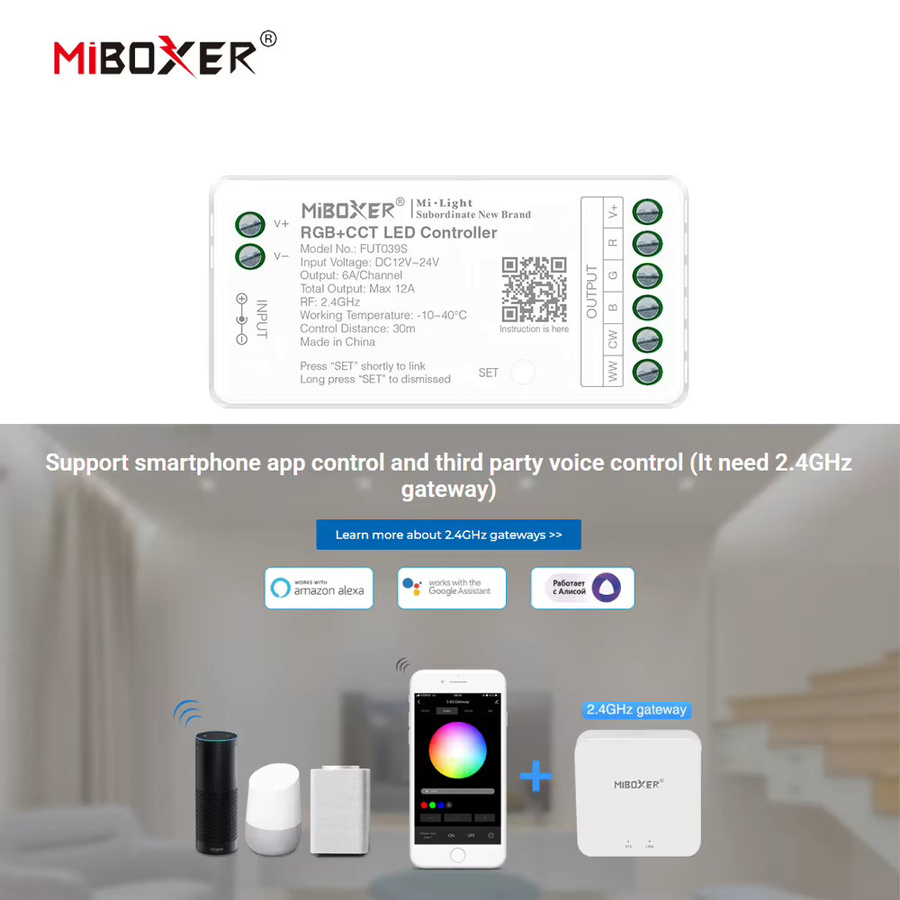 MiBoxer LED-Controller FUT039S+Y3/B8 RGBCCT 2,4GHz RF Wireless für COB und LED-Streifen, 6A/Ch, 16 Millionen Farben, DC12~24V - Bild 2