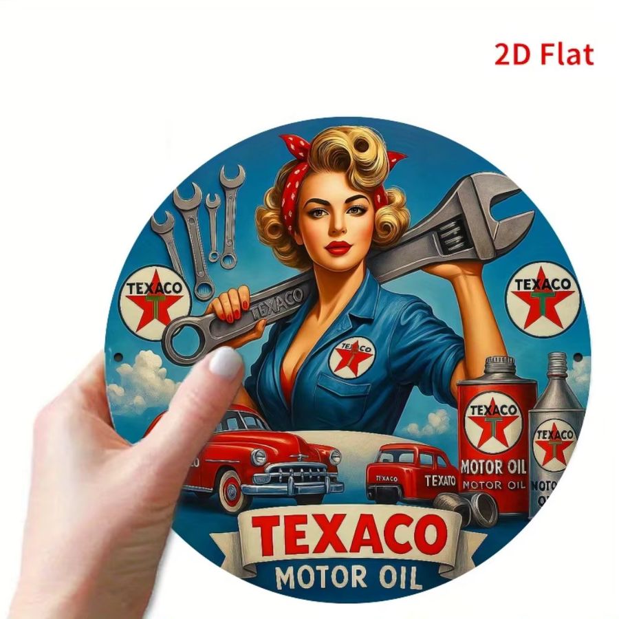 Vintage Americana Metall-Wandkunstschild Texaco Motor Oil mit Pin-Up Girl und Mechaniker Design in Multicolor - Bild 3