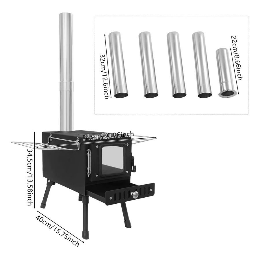 Bymaocar Tragbarer Camping-Zeltofen aus Edelstahl mit Kaminrohren für Outdoor-Heizung und Kochen, Schwarz/Silber, B/T/H: 53,0 x 40,0 x 34,5 cm - Bild 5