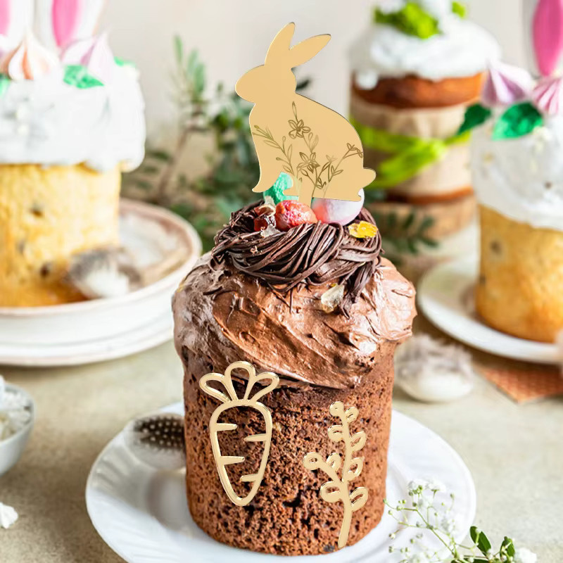 ZQCXLD Ostern Kuchen Topper Set aus Gold Acryl mit niedlichen Häschen und Karotten für deine Frühlings- und Osternparty-Dekoration - Bild 3
