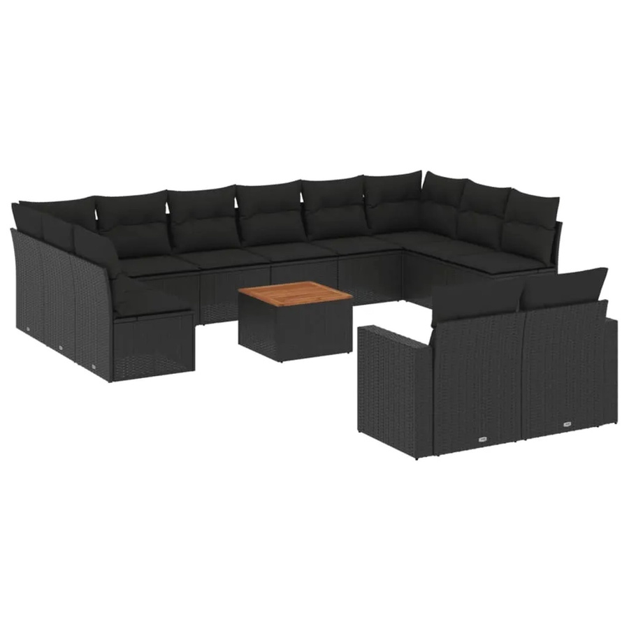 vidaXL 13-tlg. Garten-Sofagarnitur in L-Form aus Polyrattan und Akazienholz mit Kissen in Schwarz - Bild 2