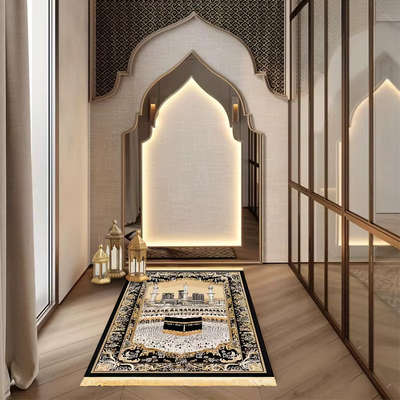 VIKAMA Luxus-Gebetsteppich mit Quasten, rutschfest und faltbar, orientalisch klassisches Design in Schwarz - Bild 2