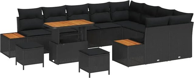 vidaXL Garten-Sofa-Set 12-tlg. aus Poly Rattan und Akazienholz in Schwarz mit Kissen - Bild 1