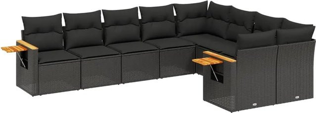 vidaXL 9-tlg Garten-Sofagarnitur in L-Form aus Poly-Rattan und Akazienholz mit Kissen, Schwarz - Bild 1