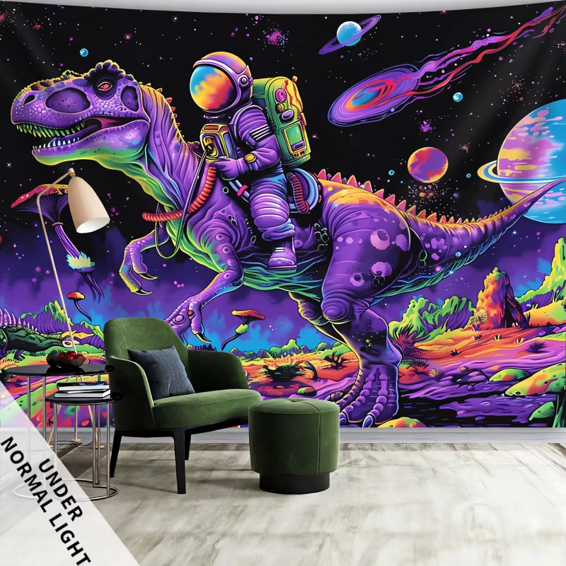 VIKAMA Wandteppich mit Astronaut und Dinosaurier-Motiv, fluoreszierender Hängestoff in Multicolour, B/H: 60 x 40 cm - Bild 2