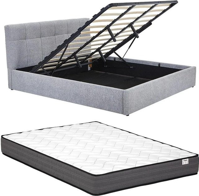 Vente-unique Bett Maziri mit Bettkasten in Grau aus Bouclé-Stoff, B/T/H: 180 x 200 x 196 cm - Bild 1