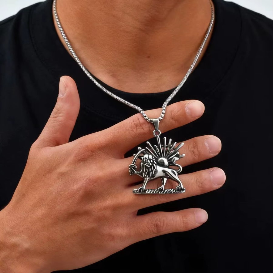 prjewel Halskette Edelstahl, Löwen-Sonnen-Anhänger, Herren, Silber, Vintage - Bild 3