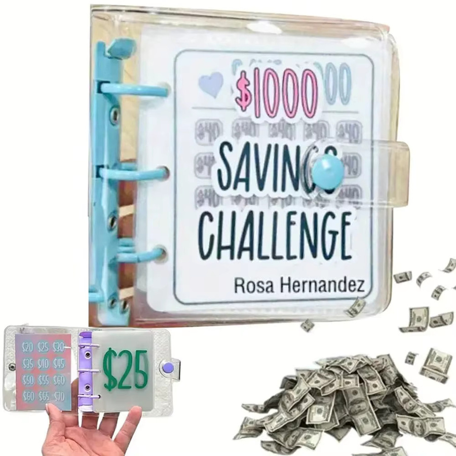 Mini Cash Savings Challenge Binder Blau – Geldspar-Herausforderung und Budget-Notizbuch aus Kunststoff mit Umschlagzubehör - Bild 2