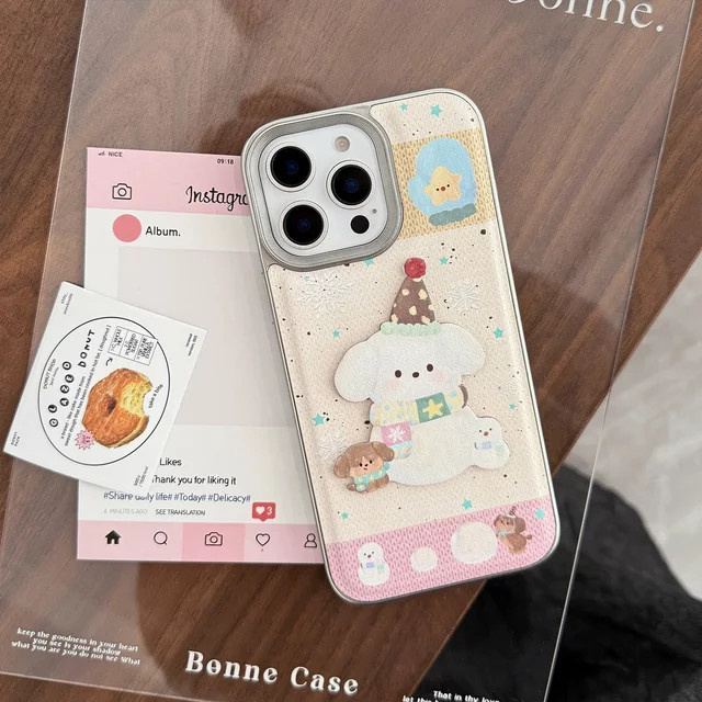 Koreanische 3D-Cartoon-Welpen Handyhülle mit Ledertextur und plattiertem Rand für Apple iPhone 17 Air 16 15 14 13 12 11 Pro Max in Multicolour - Bild 1