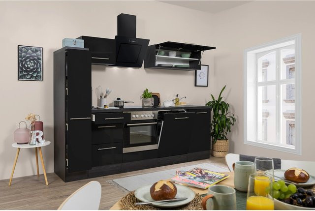 Respekta Premium Küchenzeile modern in Schwarz Hochglanz und Grau mit Soft-Close-Türen und Schubladen, Breite: 250 cm - Bild 1