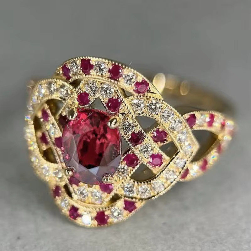 Huitan Damenring, goldfarben, roter ovaler Zirkonia, Kreuz-Design - Bild 2