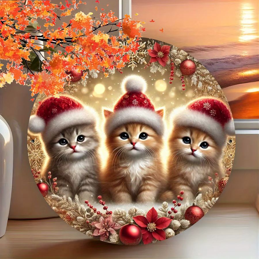 Potdemiel Weihnachtskätzchen Metallschild mit Kranzdesign als Wanddekoration aus Eisen, B/H: 20,3 x 20,3 cm - Bild 3