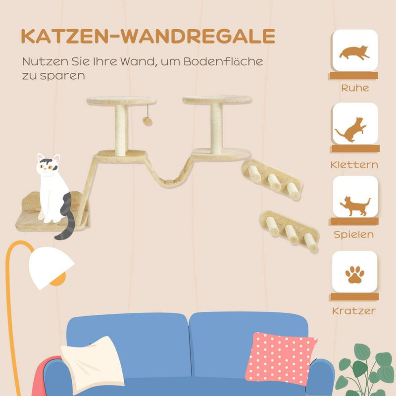 PawHut Katzen Kletterwand Set beige, 3-teiliges Katzenmöbel aus Spanplatte und Sisal mit Sitzstangen, Leiter, Stufen und Kratzbrett, B/H/L: 38,5 x 83 x 158 cm - Bild 2