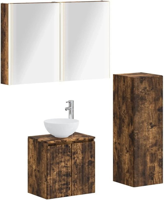 vidaXL Badezimmermöbel-Set 4-teilig in Geräucherte Eiche, bestehend aus Waschtischunterschrank, Wandunterschrank und Spiegelschrank mit LED-Beleuchtung, Farbe: Braun - Bild 1