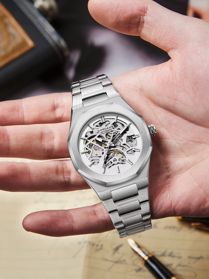 LONGLUX Automatik Armbanduhr, Edelstahl, Weiß, Herren - Bild 3