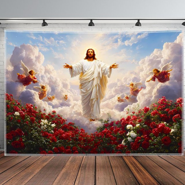 Religiöser Wandteppich Heiliger Jesus Rosengarten von JMG Household Supplies mit floralem Design, Mehrfarbig, B: 150 cm, H: 200 cm - Bild 1