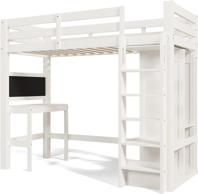 okwish Hochbett für Kinder mit Schreibtisch und Regalen, Weiß, B/T/H: 206 x 90 x 184 cm - Bild 1