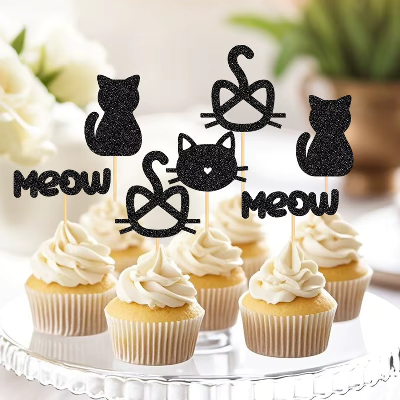 YOMDID 24 Stück Cupcake-Topper mit Katzenmotiv in Schwarz, glitzernde Cupcake-Picks für Geburtstagskuchen-Dekorationen - Bild 3