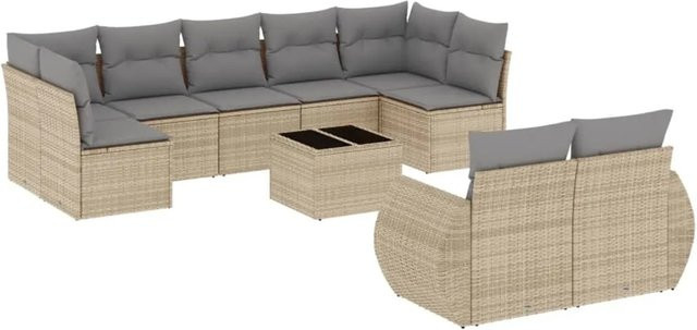 vidaXL 10-tlg. Garten-Sofagarnitur in L-Form aus Polyrattan mit Kissen in Beige und Hellgrau - Bild 1