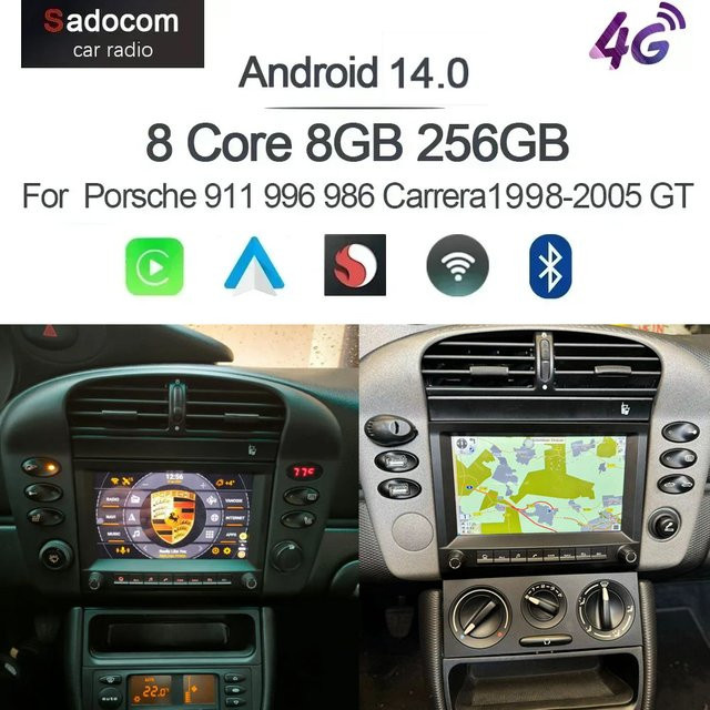 Sadocom Android 14.0 Autoradio mit 7 Zoll Display, 8-Kern Prozessor, 8GB RAM, 256GB Speicher, DSP, GPS und CarPlay in Schwarz für Porsche 911 996 986 Cayman Boxster - Bild 1
