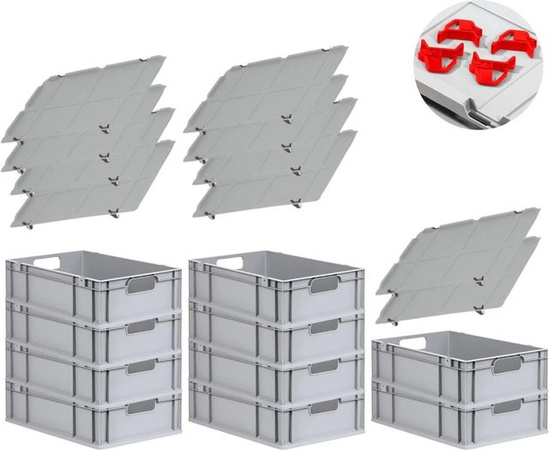 PROREGAL Spar Set mit 10x Eurobox Nextgen Economy in Rot inklusive Auflagedeckeln und 4x Schiebeschnappverschlüssen, H x B x T: 17 x 40 x 60 cm, 34 Liter pro Box