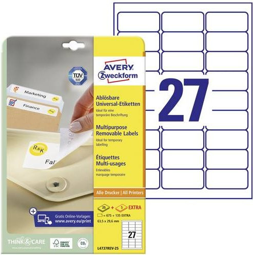 Avery Zweckform Universal-Etiketten Weiß, wiederablösbar, B: 63,5 mm, H: 29,6 mm - Bild 1