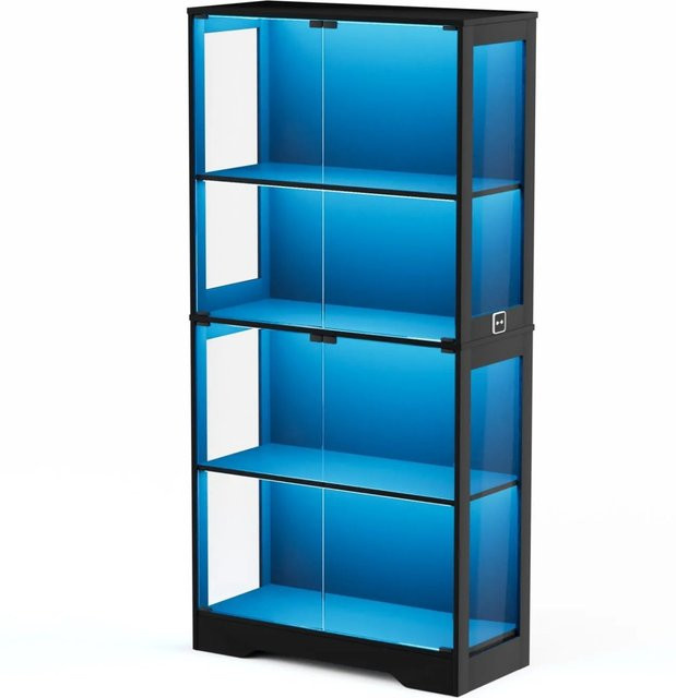 PXloue Glasvitrine Schwarz mit LED-Beleuchtung und Stauraum, B/T/H: 80 x 35 x 165 cm - Bild 1