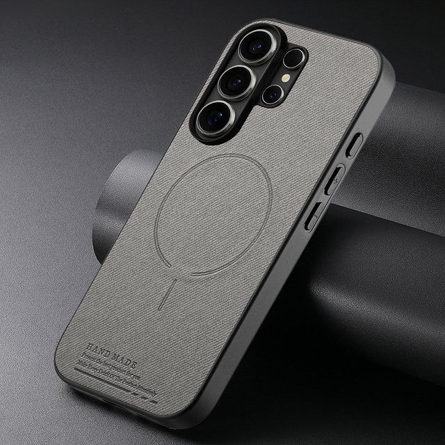 Luxuriöse kabellose Ladehülle mit Mattleder-Panel für Samsung Galaxy S26 Ultra, S25 Edge, S24 FE und S23 Plus mit weichem Rahmenschutz in Grün und Grau - Bild 1