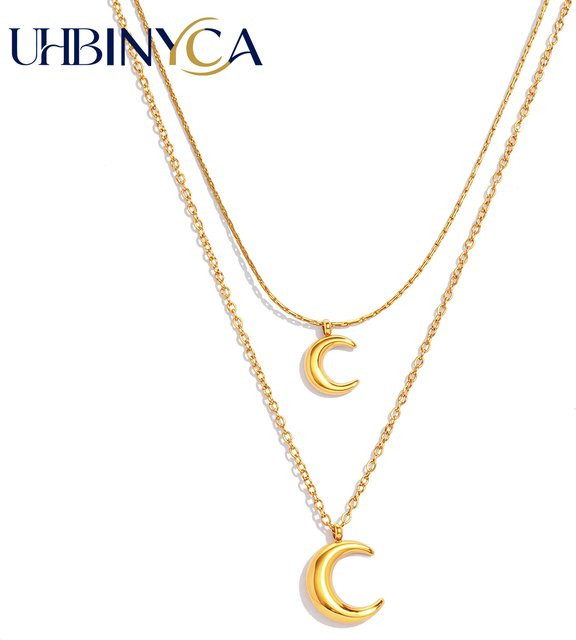 UHBINYCA Halskette, Doppelschichtiger Mond-Anhänger, Edelstahl, Gold, Damen - Bild 1