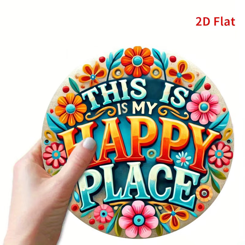 Rundes Metall-Wandkunstschild Potdemiel This Is My Happy Place mit floralem Design und Typografie in Multicolour, Durchmesser: 20 cm - Bild 4