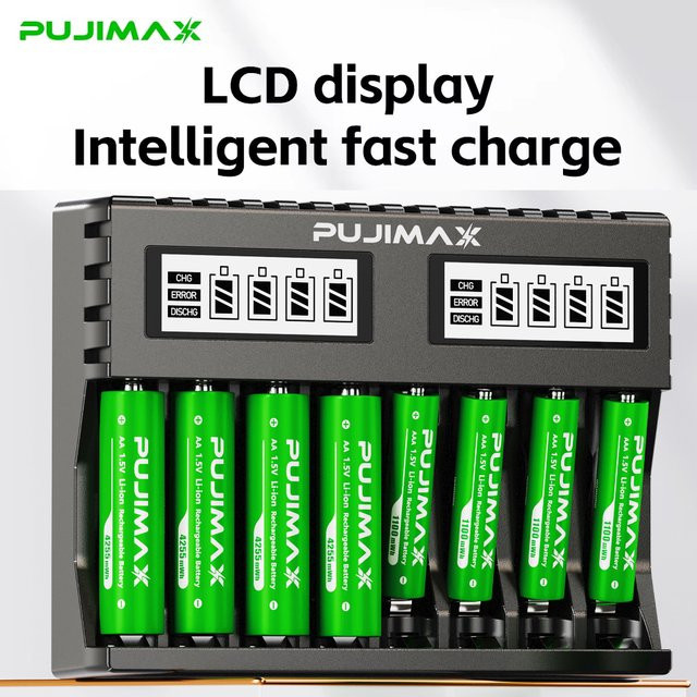 PUJIMAX 1,5 V wiederaufladbarer Lithium-Ionen-Akku mit 8-fach Ladegerät in Grün - Bild 1