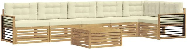 vidaXL Outdoor-Sofagarnitur in L-Form aus massivem Akazienholz mit Kissen, 7-teilig, Weiß und Beige - Bild 1