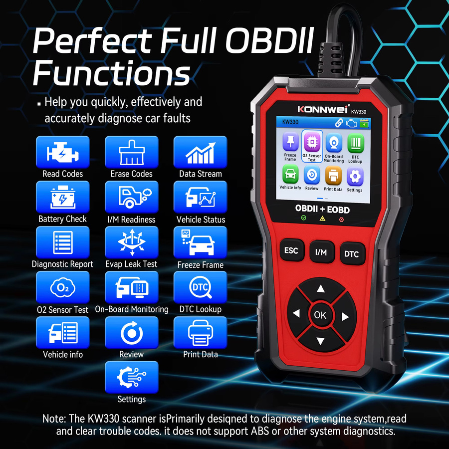 KONNWEI KW330 OBD2 Scanner Auto-Diagnosegerät in Rot zur Fehlercode-Auslesung und Batterieprüfung - Bild 3