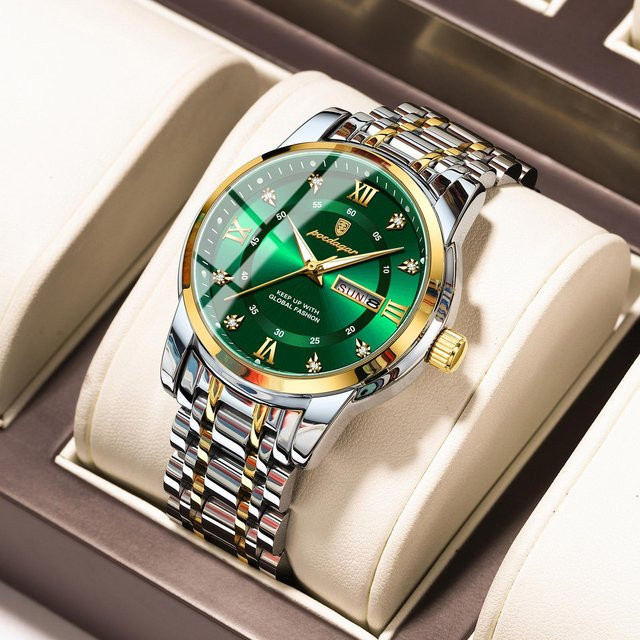 POEDAGAR Armbanduhr Edelstahl, Quarz, Datum, Wochentag, Grün, Herren - Bild 1