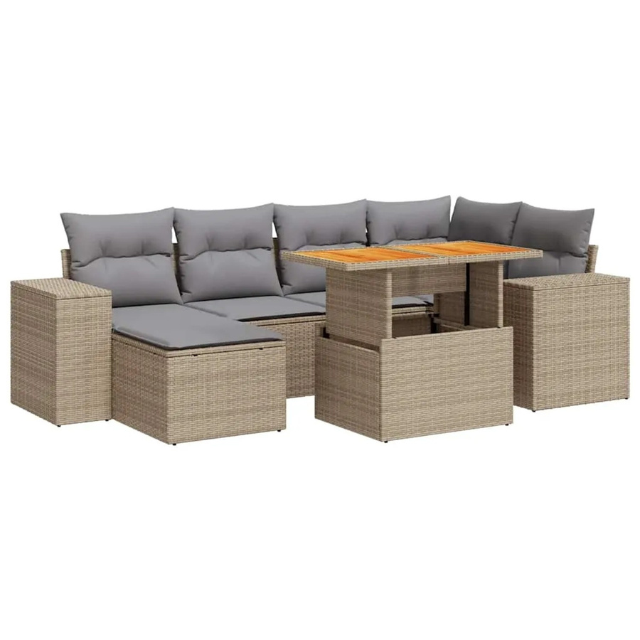 vidaXL 7-tlg Garten-Sofagarnitur in L-Form aus Polyrattan und Akazienholz mit Kissen in Beige - Bild 2