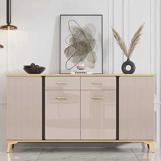 DELEVEN Aufbewahrungsschrank im skandinavischen Design mit Glastüren und Schubladen, Beige, Hochglanz - Bild 1